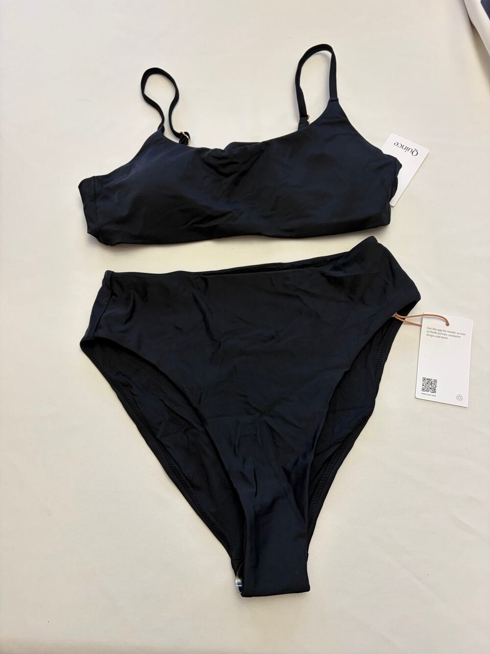 Quince Black Two Piece Bikini Scoop Top & High Rise High Leg Bottoms Medium NEW